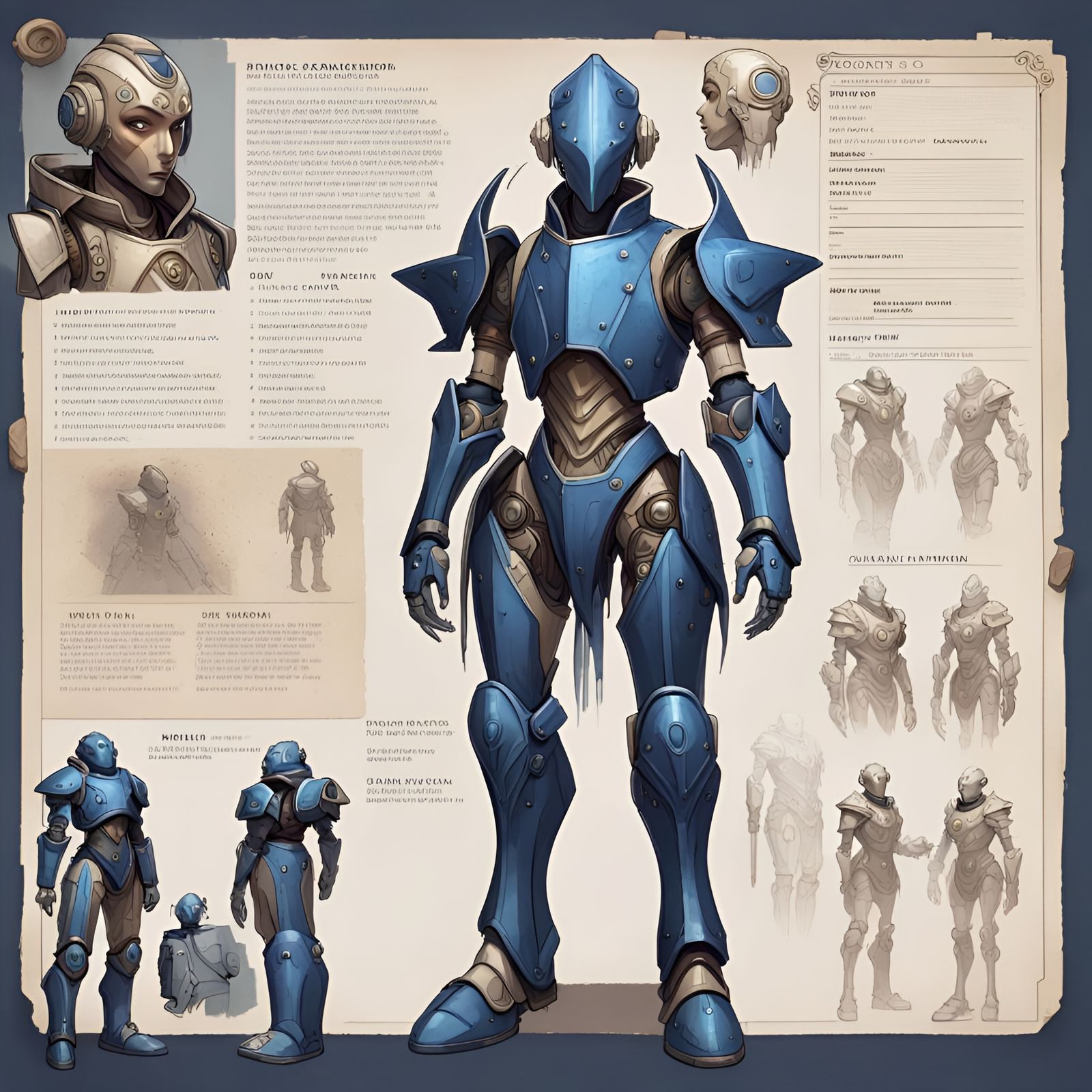 Hyperdetailed realistic character sheet and concept art of D&D