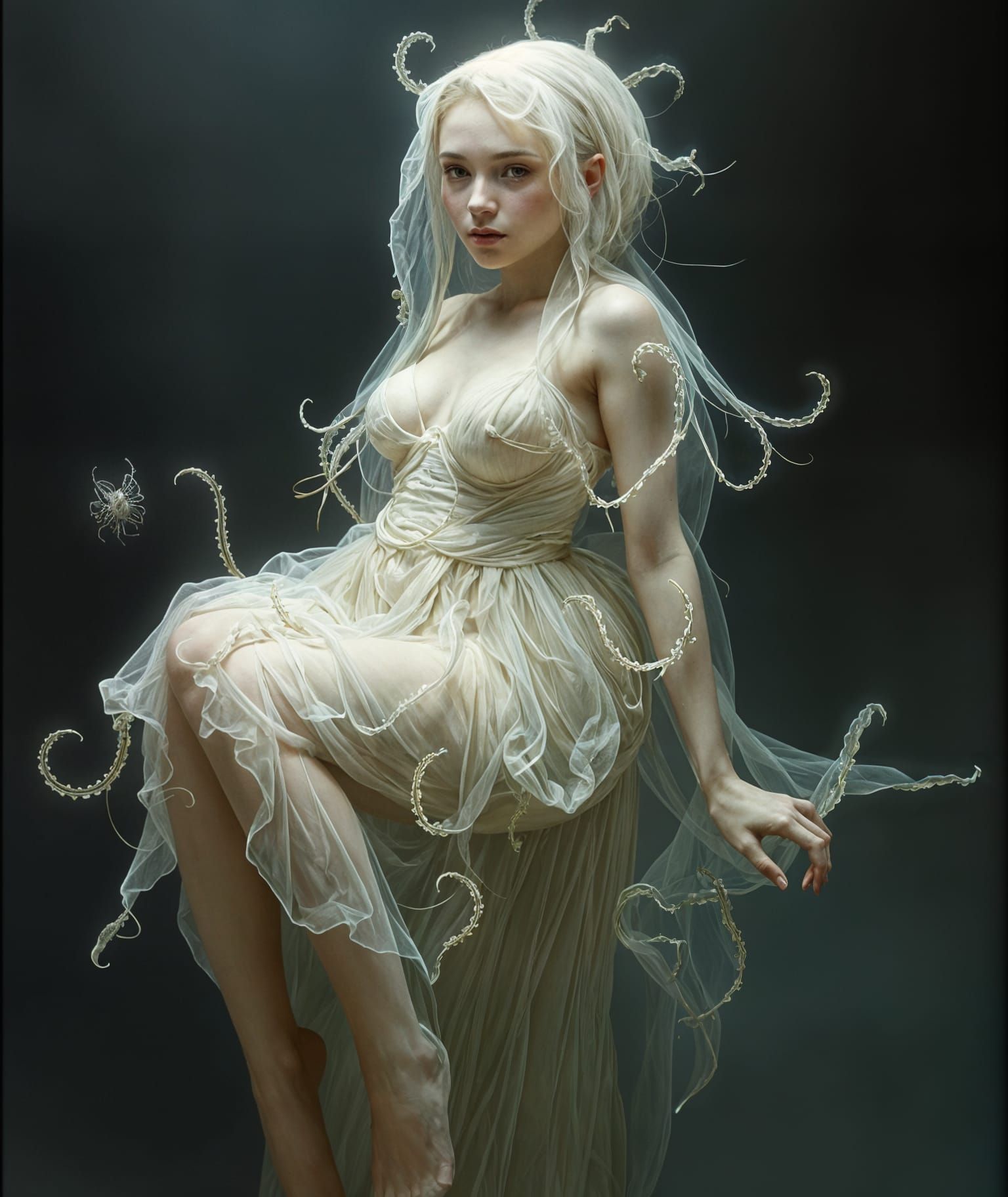  Artist Jean-Baptiste Monge style. A pale-white Lady dressed in transparent-glowing Nematodes. 