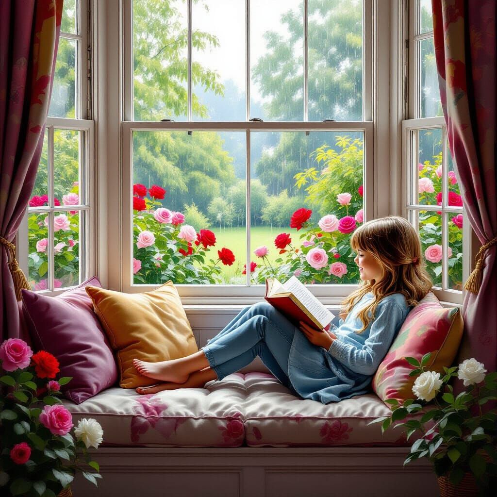 A young school girl cuddles holding a book in her favorite reading nook.   by @ProfEstrella