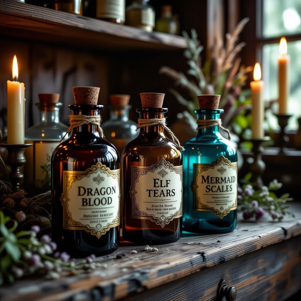 Pretty antique potion bottles with labels like 'Dragon Blood', 'Elf Tears' and 'Mermaid Scales' dramatic ...  by @Summerchild