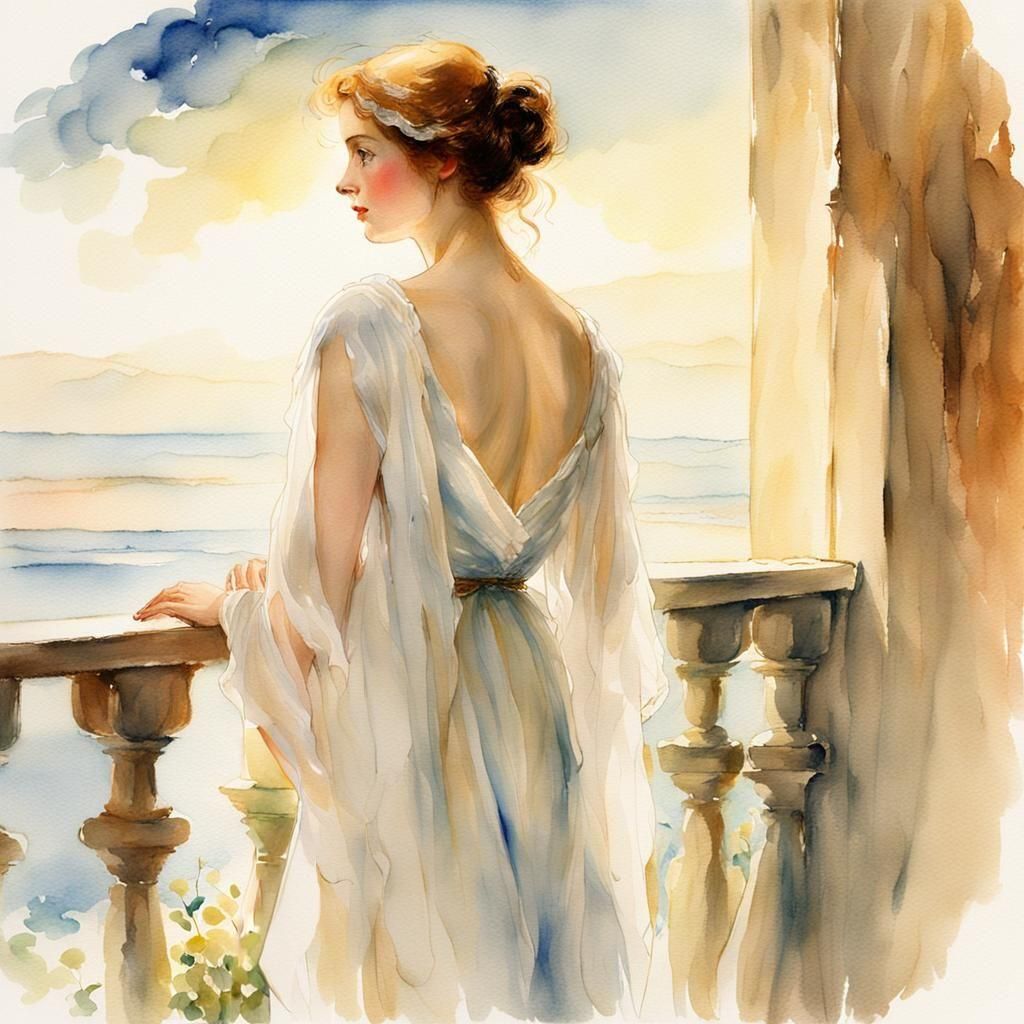a detailed watercolor portrait of a beautiful woman watching the sea from out of her balcony.