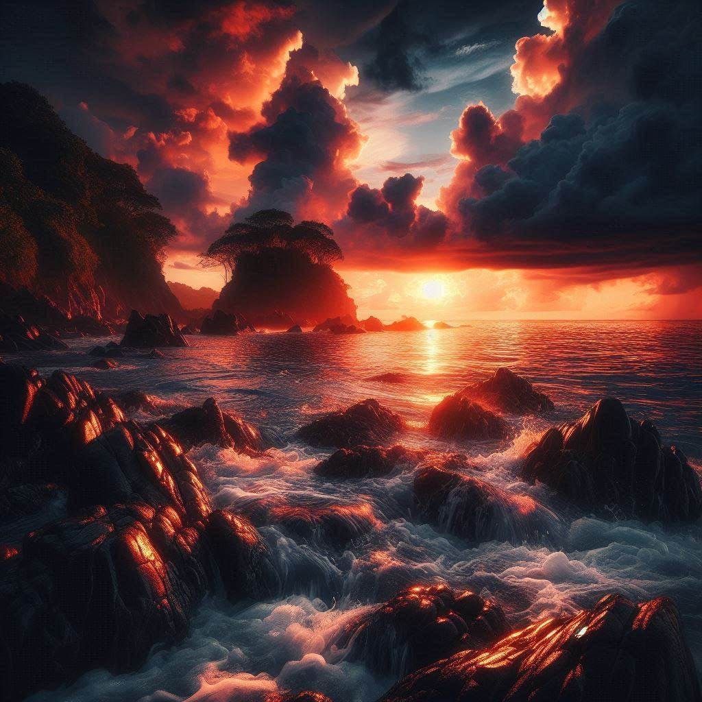 Sunrise over the foamy sea