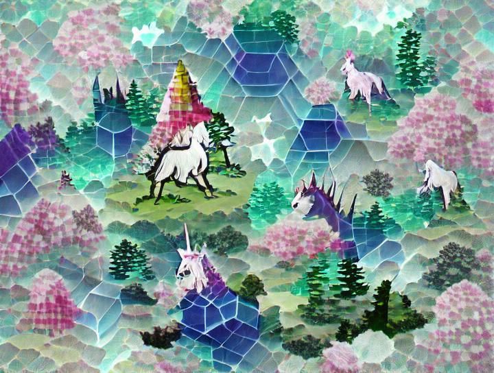 A magical unicorn in a hexagonal forest in the style of anim...