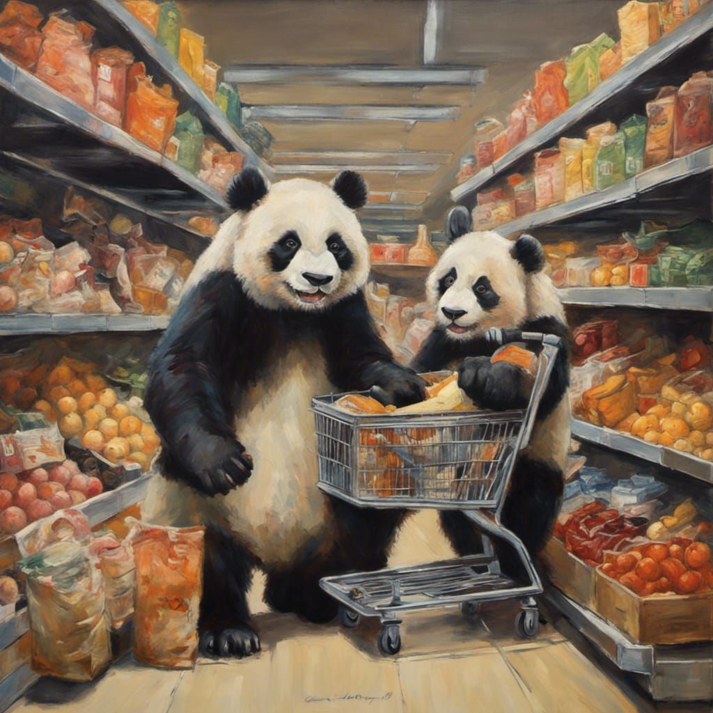 Happy Panda family with shopping cart of groceries  by @iAmDaddyRandy