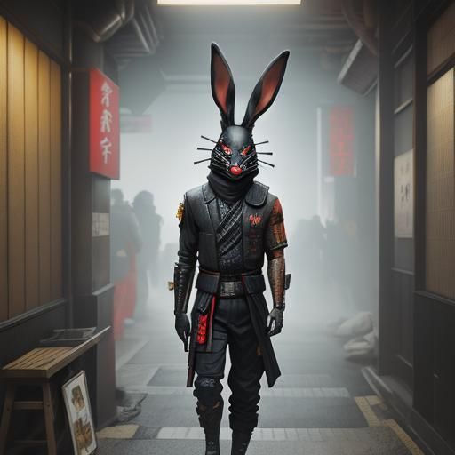 Anthropomorphic rabbit wearing a  samurai suit and a Japanes...
