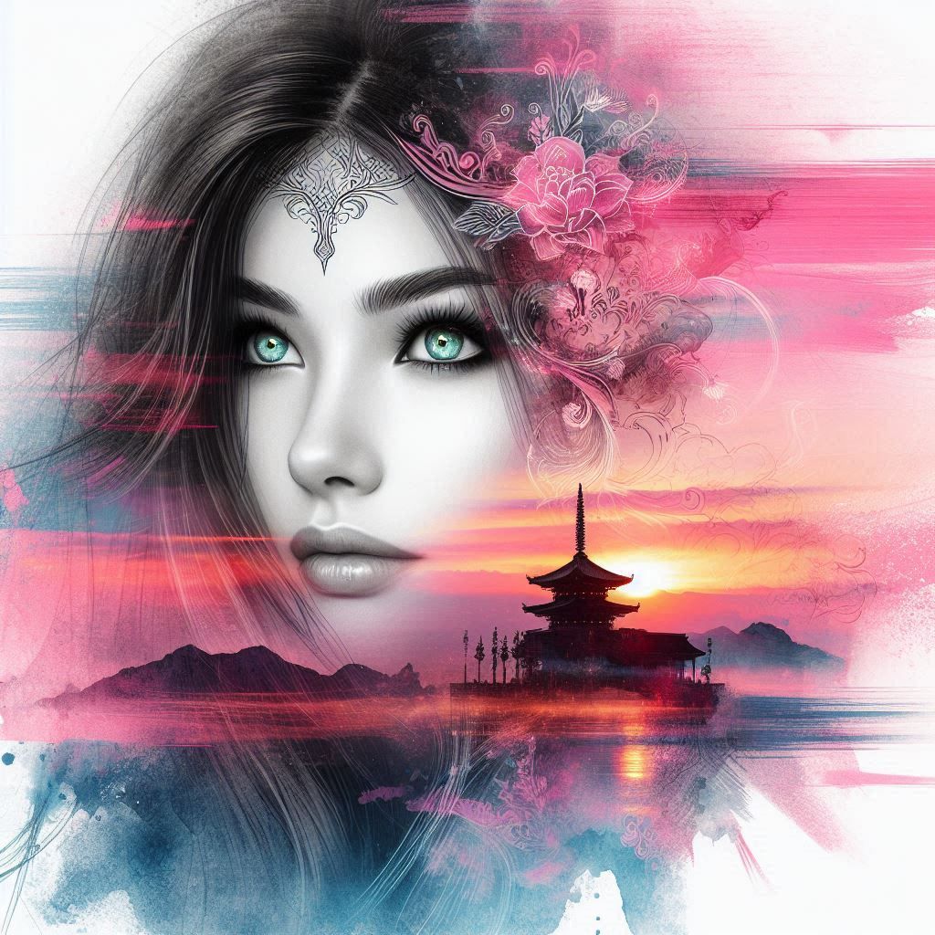 Double exposure art. colorful ink splatter splash art of a beautiful oriental sunset landscape #II