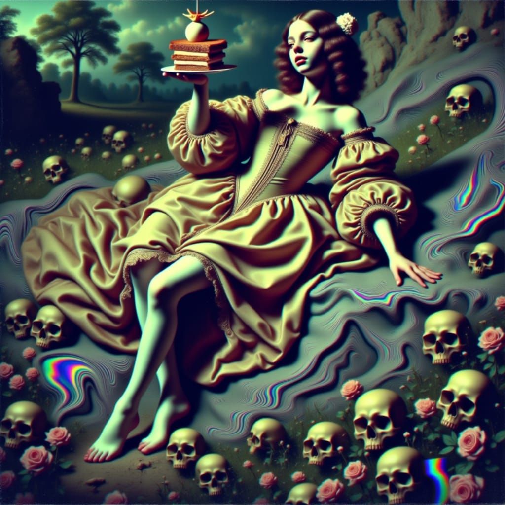  <lora:Sratoscuro:1.3> analog photography of a girl holding a chocolate desert, iridescent rippled distortions, vivid, Caravaggio style