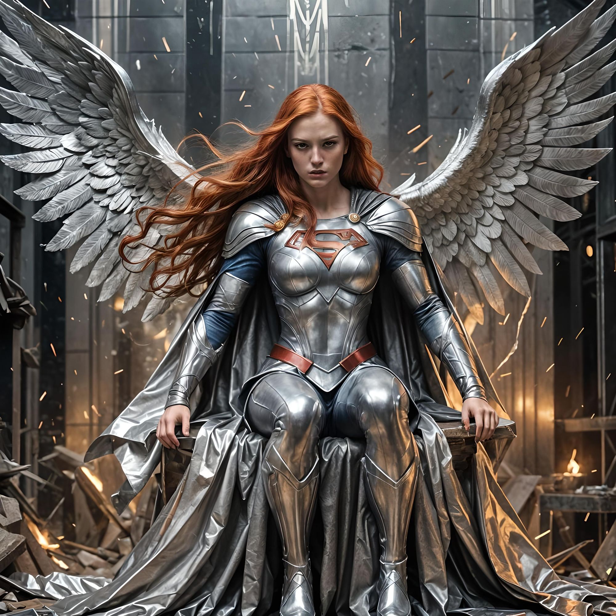 Red long haired Supergirl Angel, Full body, perfect hands, Features, Flying, Above city, Clouds, Sunshine