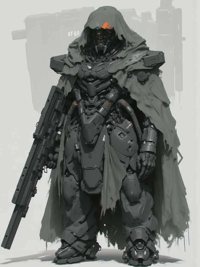 <lora:Predatory Mecha B:1.0> A cloaked hunter Mecha with the number 5 painted in hi head, holding a weapon, full body