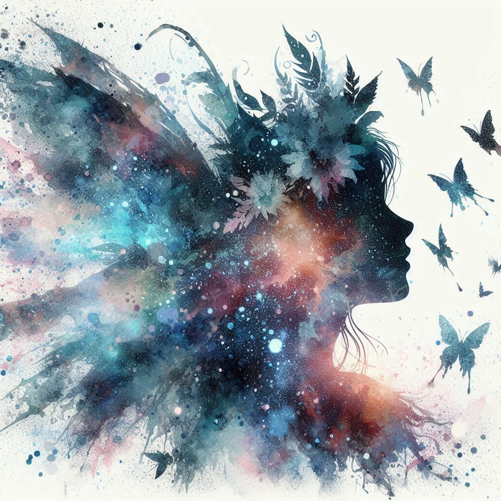 double exposure beautiful fantasy DALL-E 3 portrait landscape..