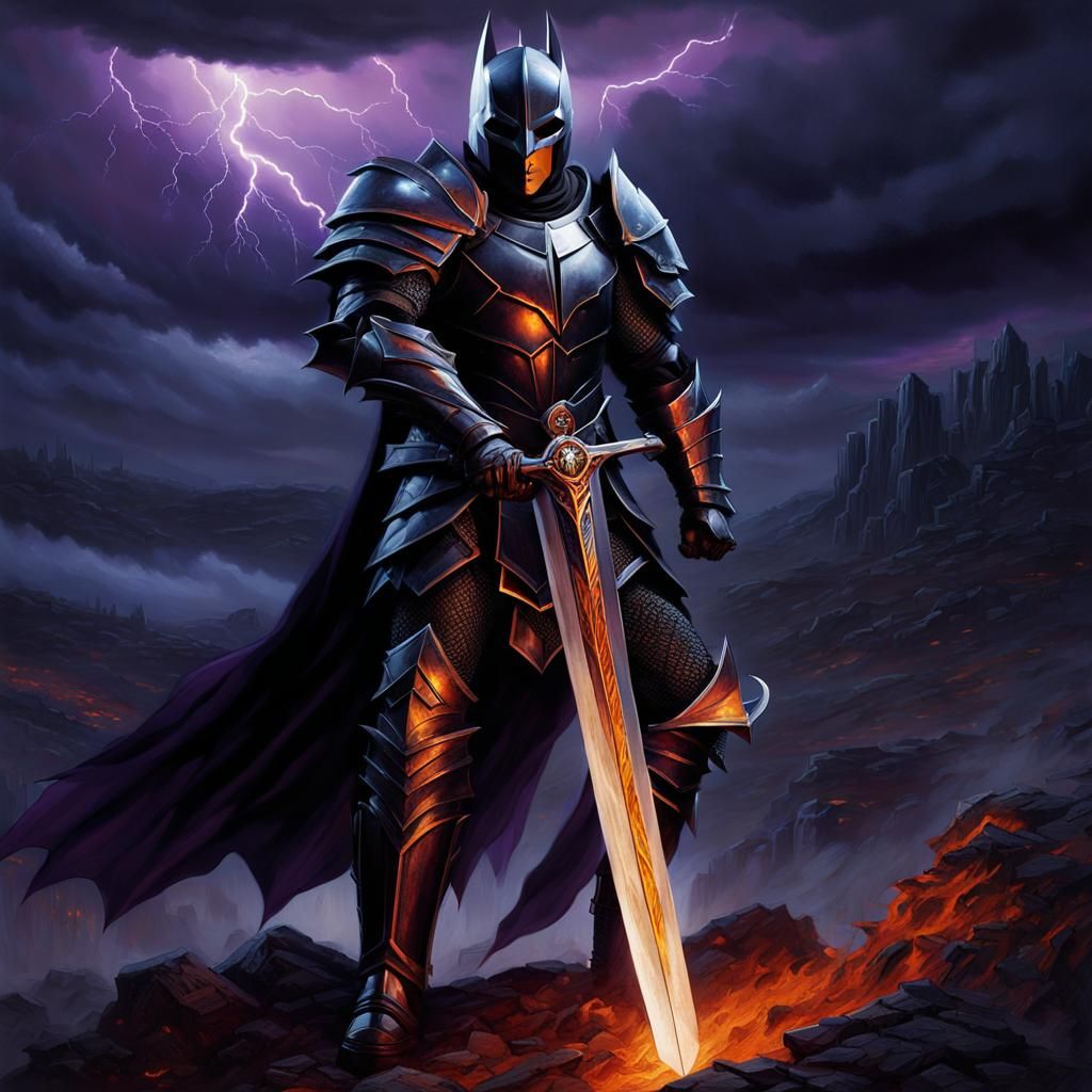 A dark knight clad in shimmering ebony armor emerges from a ...