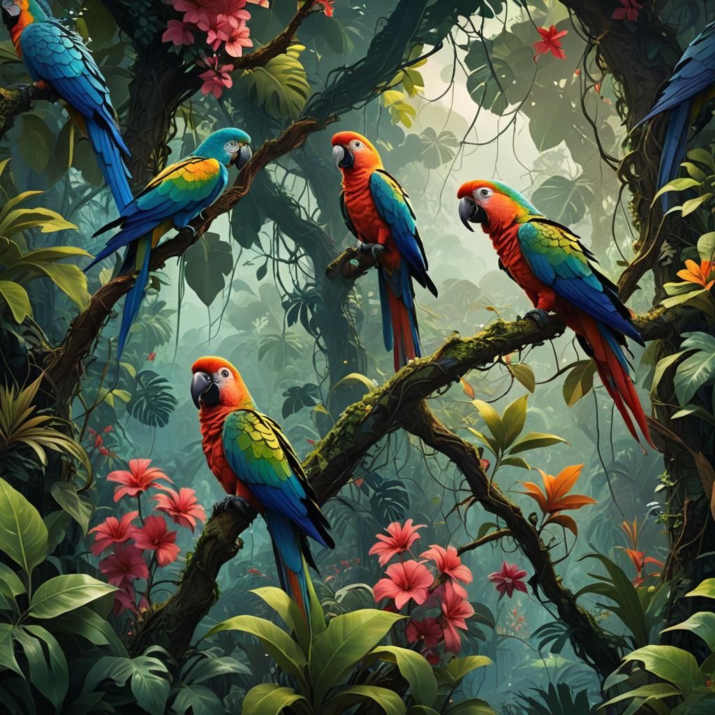 Parrots in Jungle, Matte Painting Style