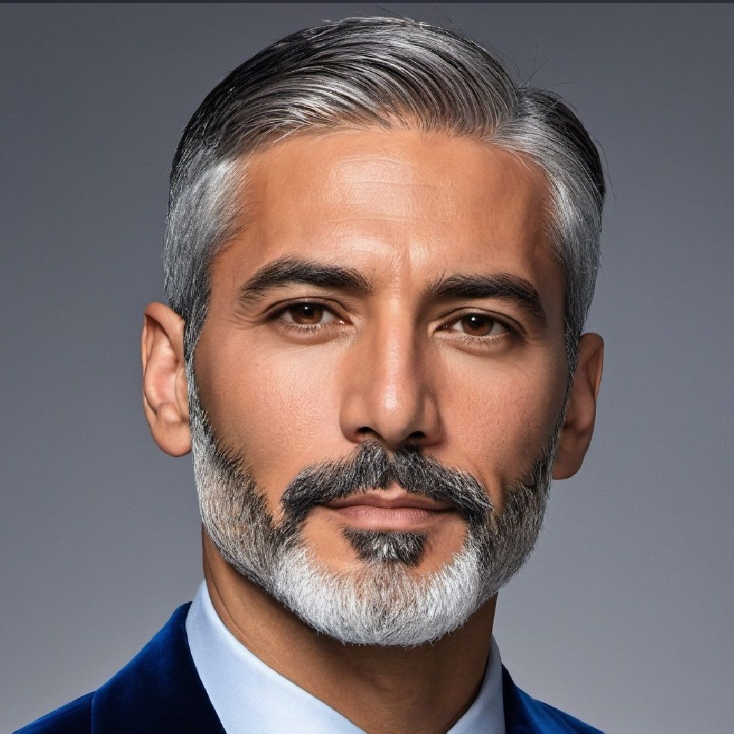 A handsome silver-bearded man wearing a blue velvet suit