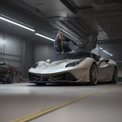 a woman repairs a ferrari sport car in the garage intricate ...