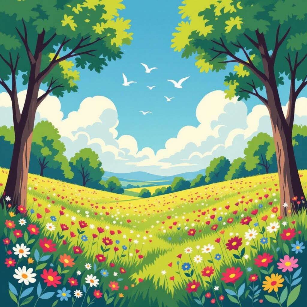 Sunny day. Bright sky with birds. Trees. Flowers.  Farm house. Rabbits 
