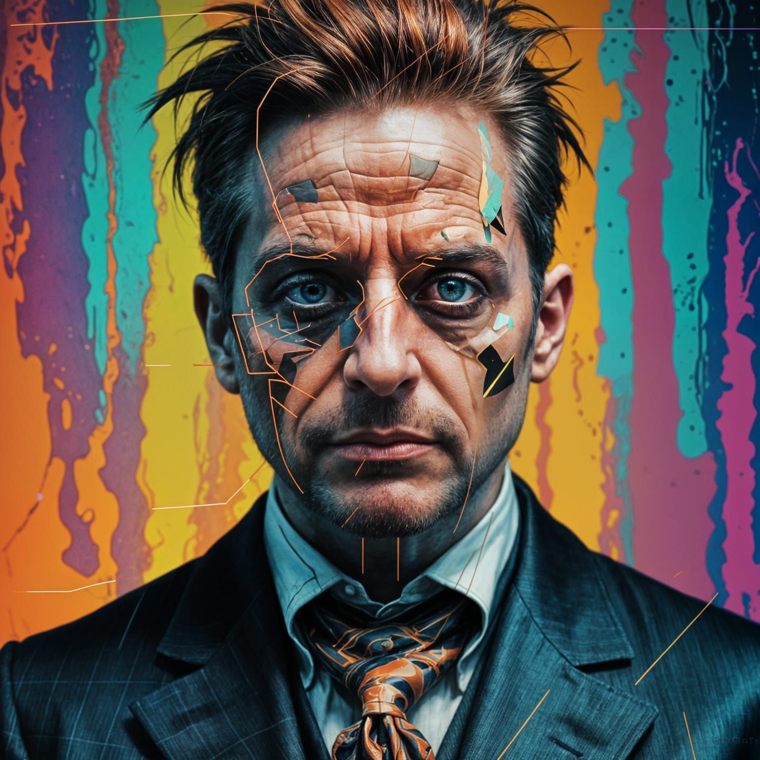 A portrait of a steampunk inventor whose face is distorted by interlaced scan lines, digital drop outs and shows artifacts like missing key ...