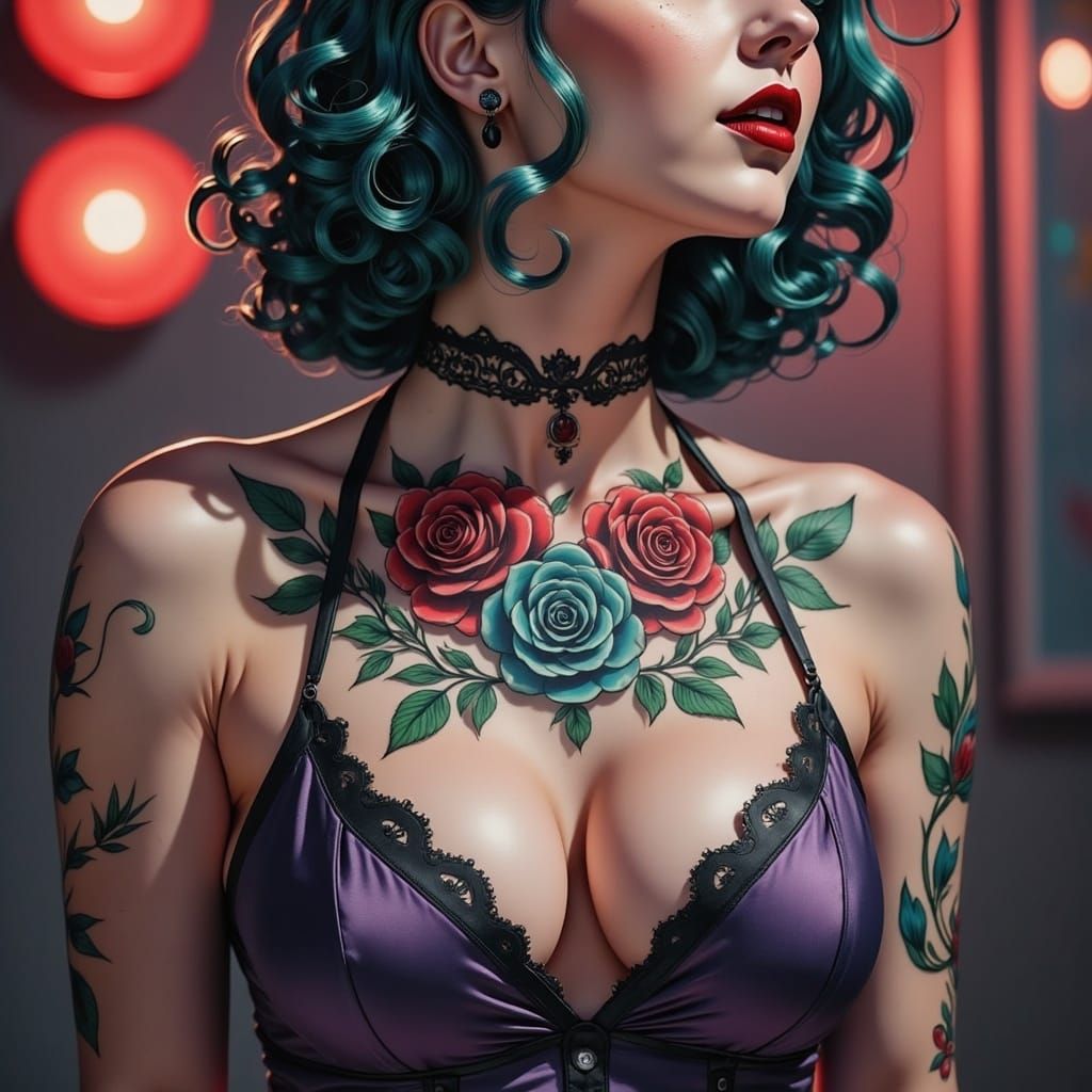 <lora:UlStyle:1.0> an intricate lace pattern, wide choker tattoo drawn in black ink that extends down a young woman's throat, drapped and co...