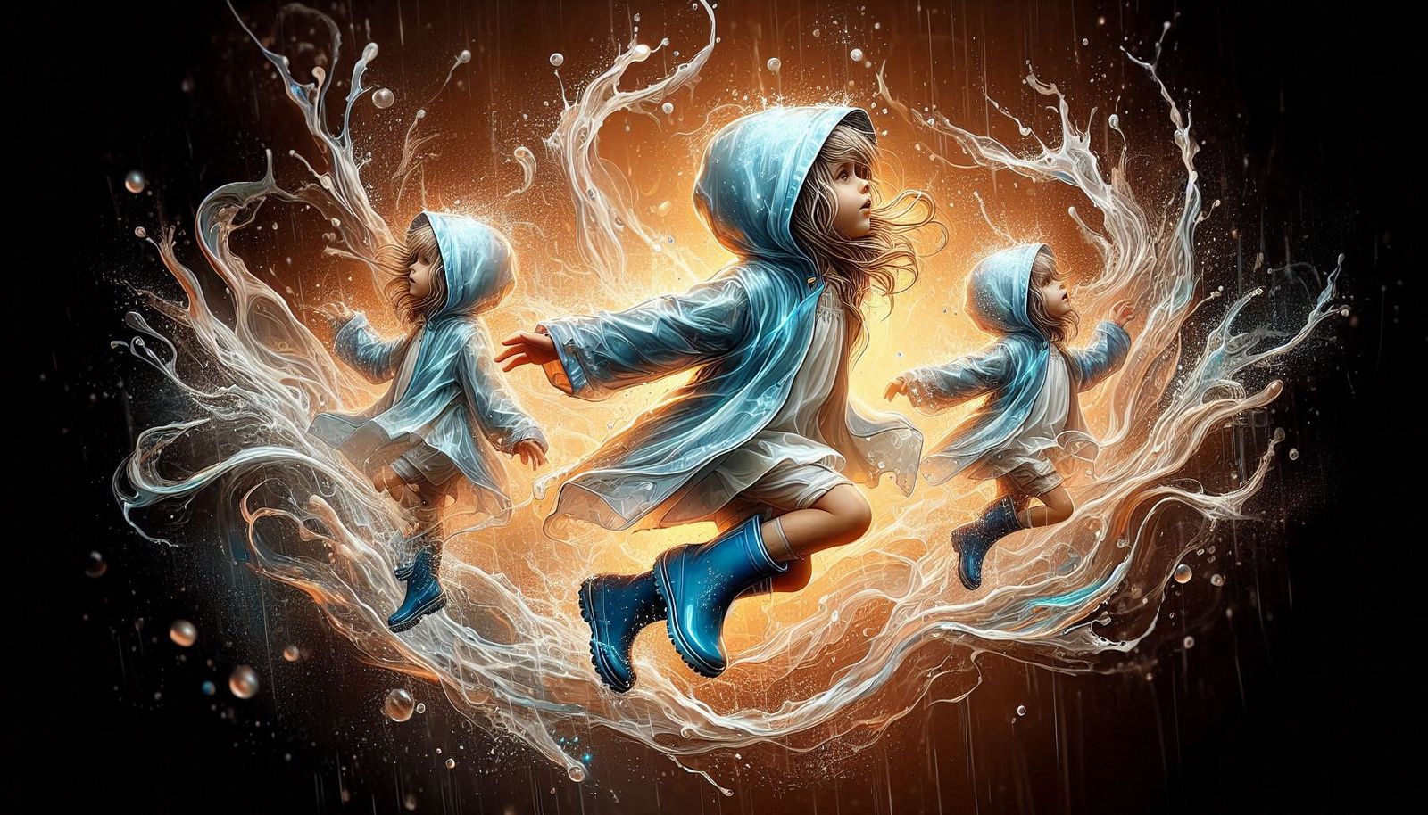 Little girls having fun jumping through the puddles