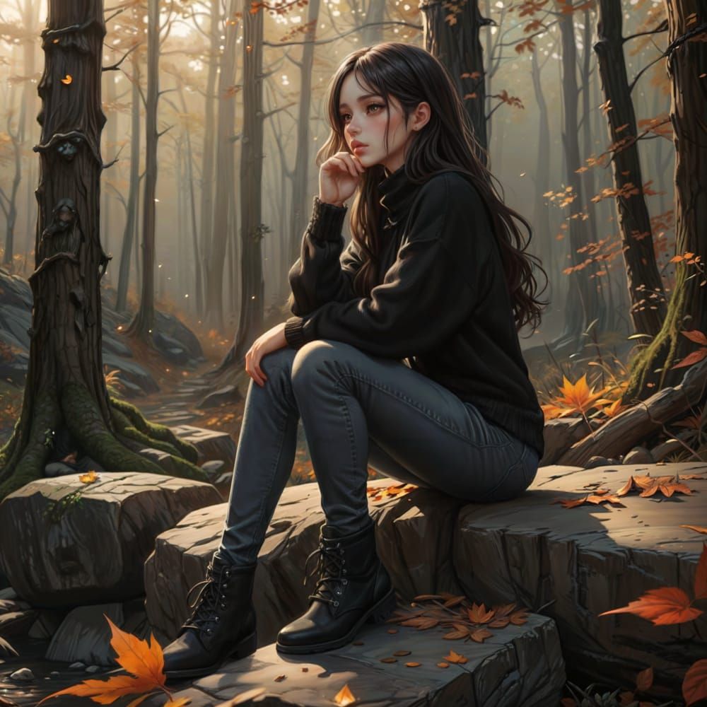 Anime illustration of a thoughtful young woman sitting on rock stairs in forest.