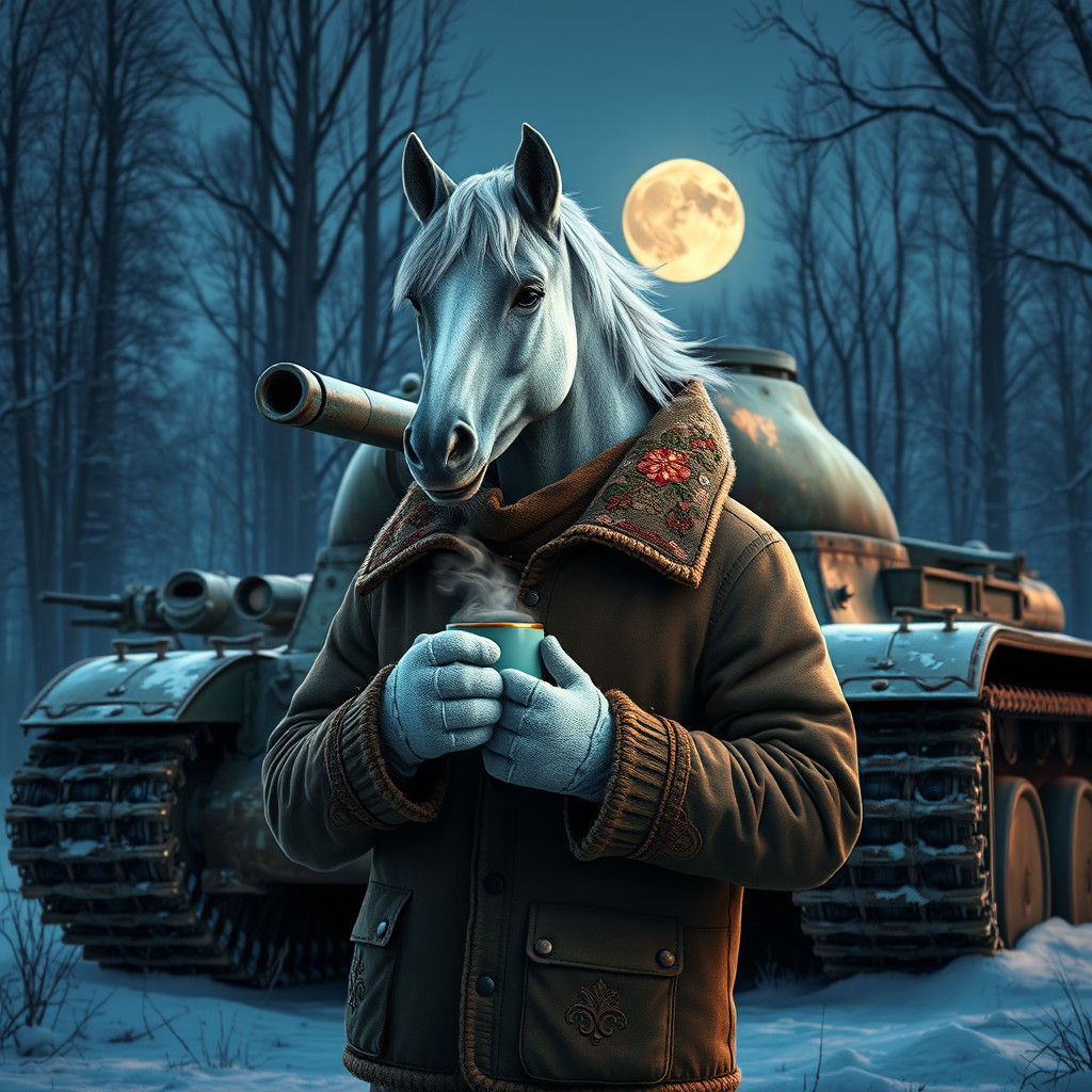 Tank M4 Sherman on its background stands Half man half horse...