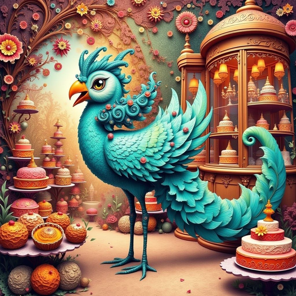 <lora:fract:1.0> fractal art A big-eyed, thin-legged boho bird stands in a pastry shop among very beautiful multi-tiered torte. By Romain Me...