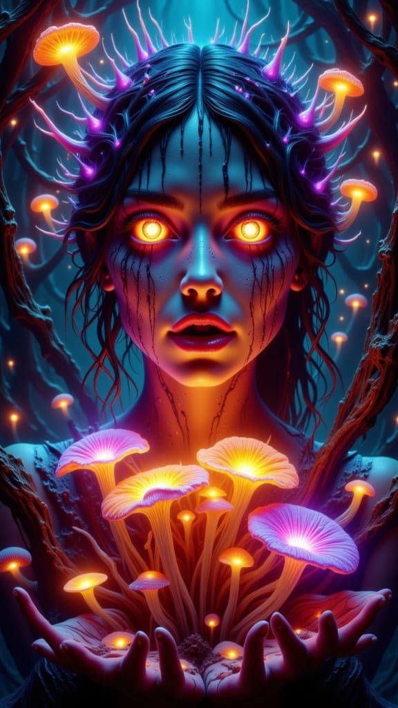 Surreal Woman Eats Glowing Mushrooms in Psychedelic Drips