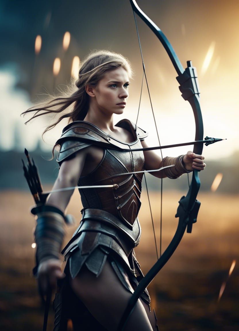 Beaut female centauride holding bow and arrows in a battle field. Epic ...