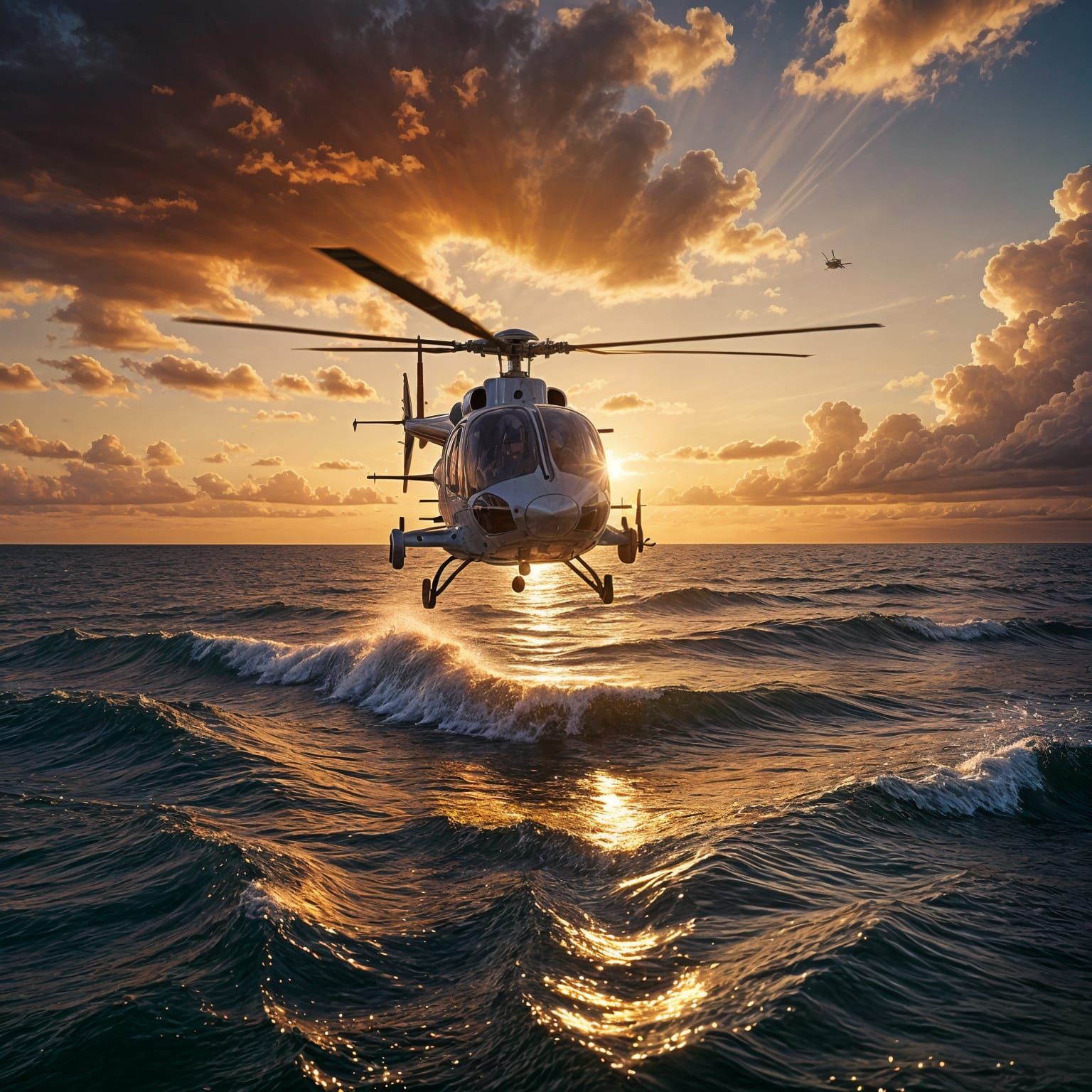 Helicopter Over Sea at Sunset