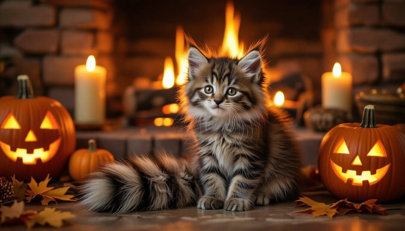 cute kitten lion with a big fluffy racoon tail in front of a fireplace during Halloween night with lots of candles, pumpkins and halloween d...