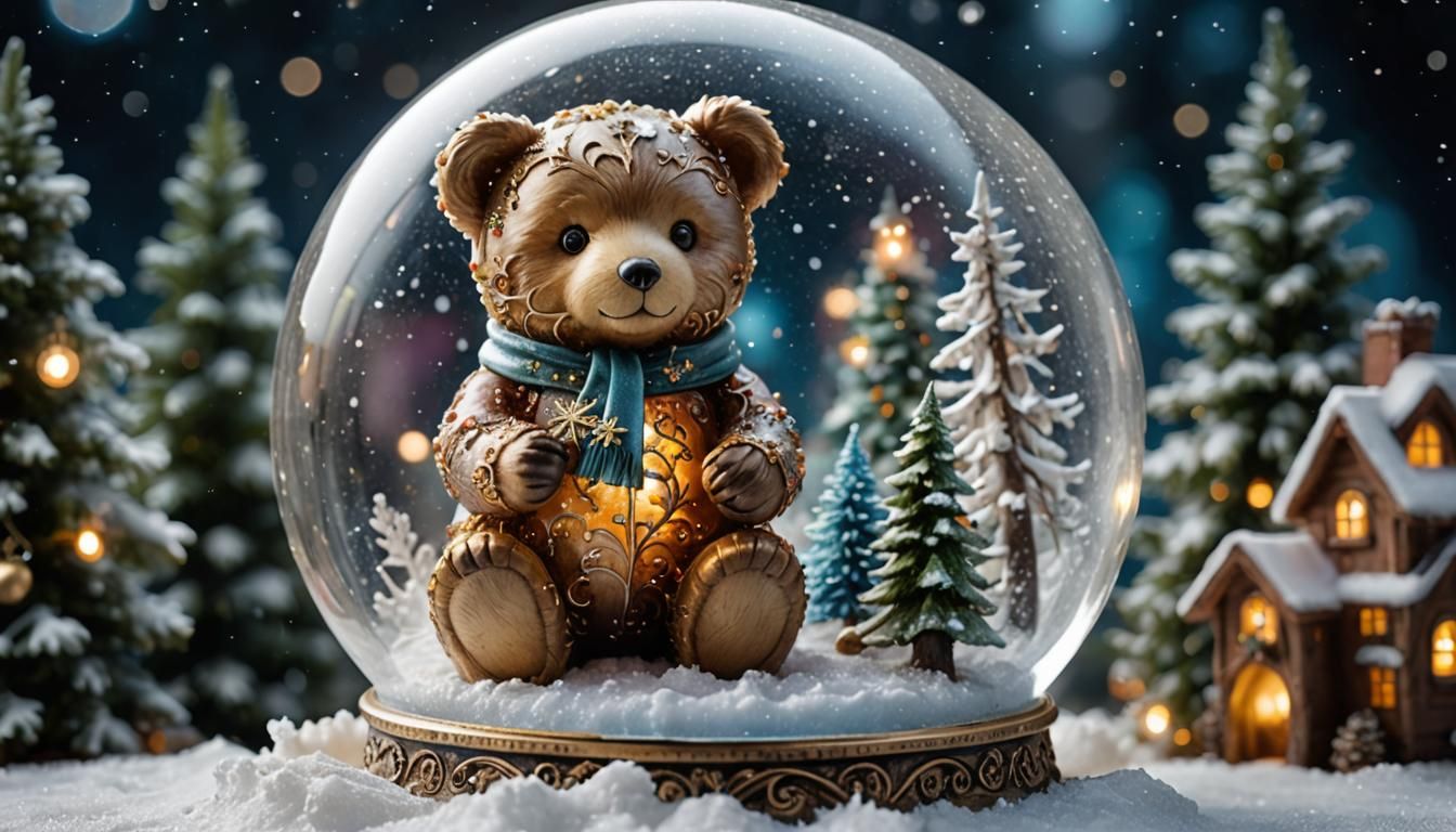 magical Christmas teddy bear with glowing heart in a snow globe  by @undefined