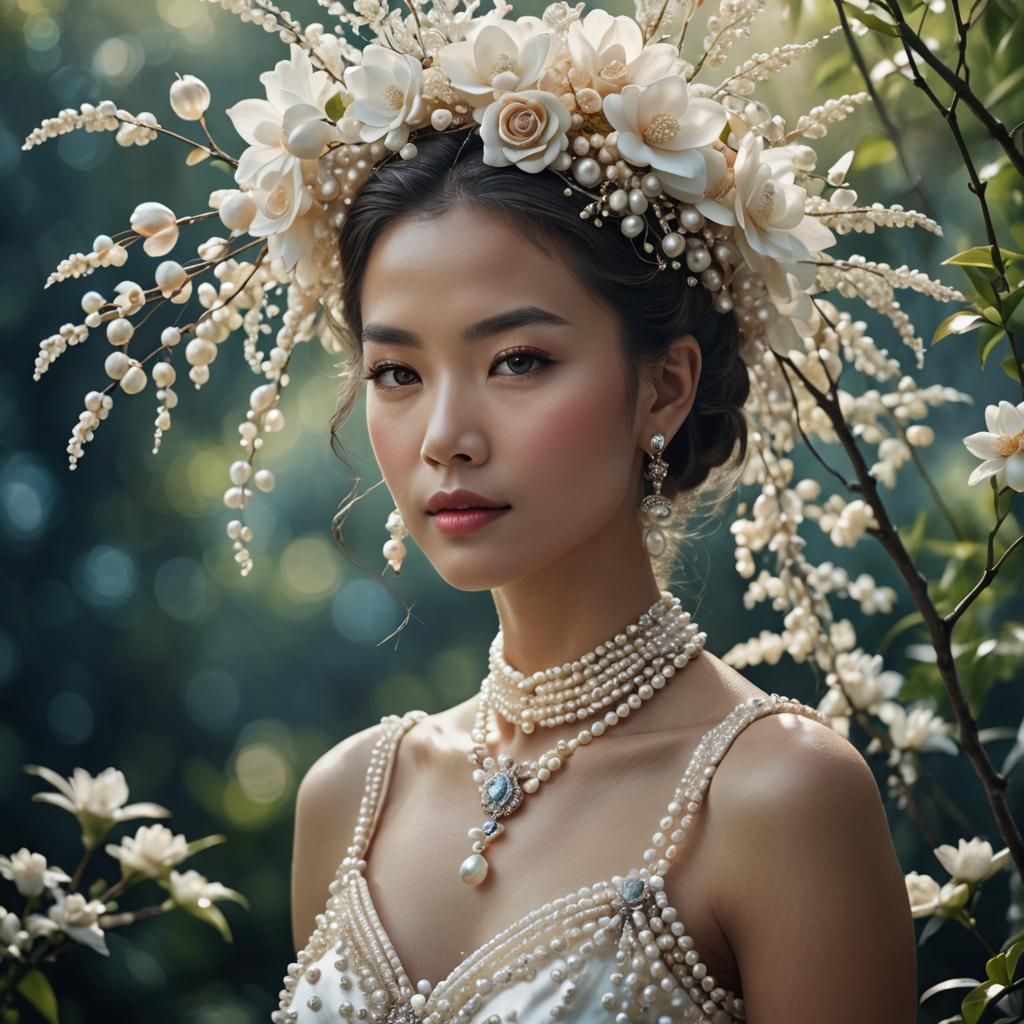 Full body shot of a beautiful woman wearing freshwater pearl...