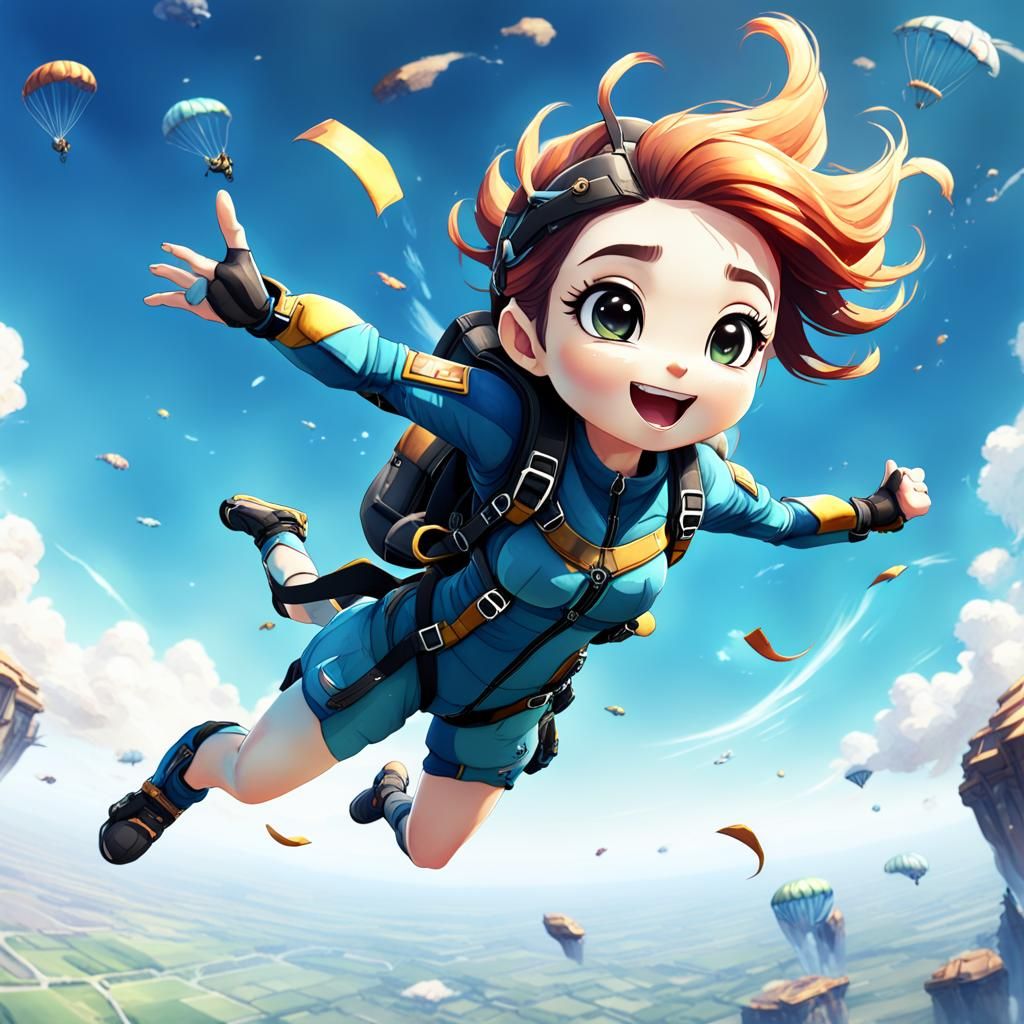 Cute Chibi Girl Skydiving in Watercolor Style