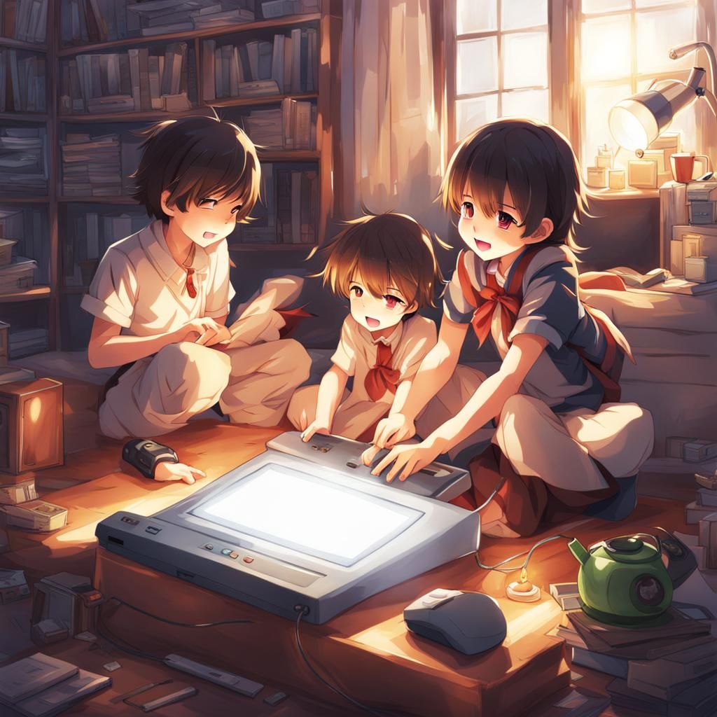 Happy kids play with computer in a light room