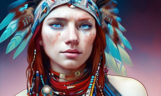 American Indian with red hair, necklaces, feathers, earrings...