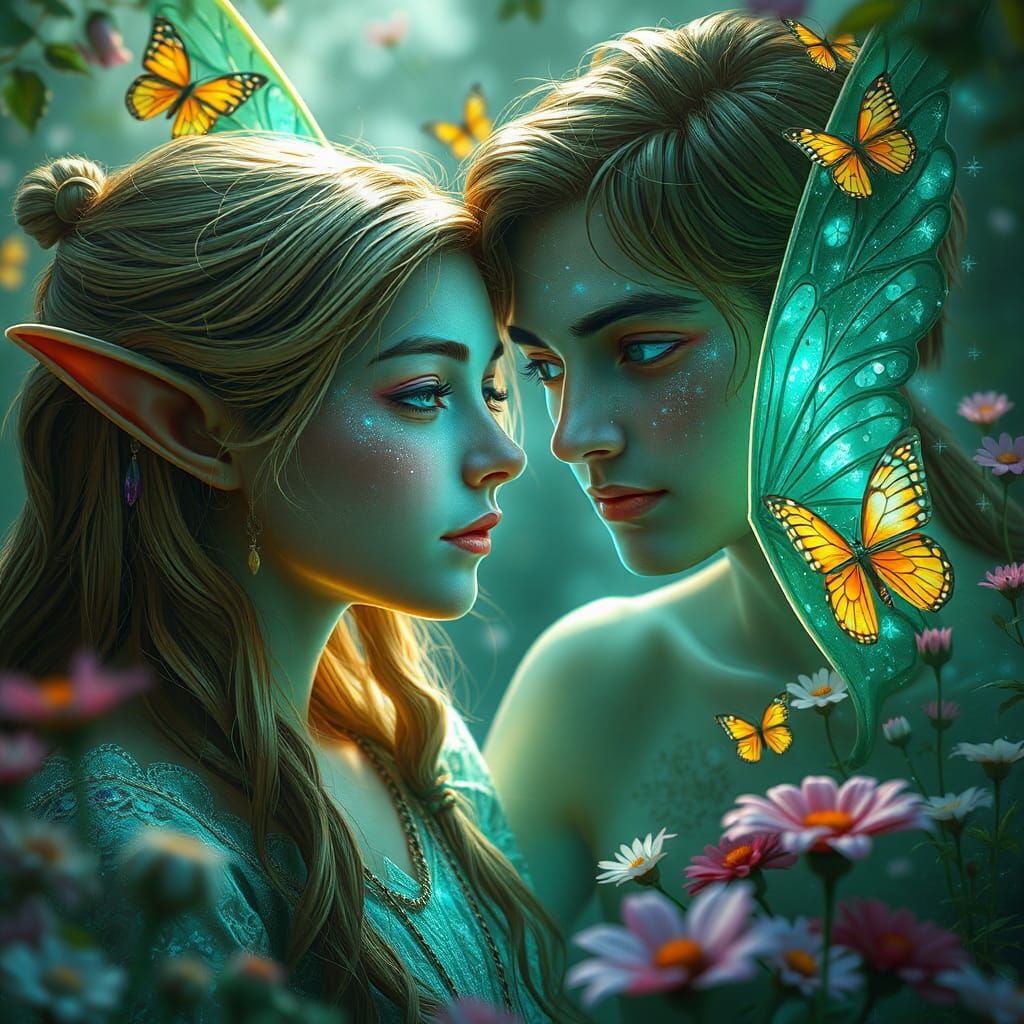 Enchanted Elven Lovers in Magical Garden