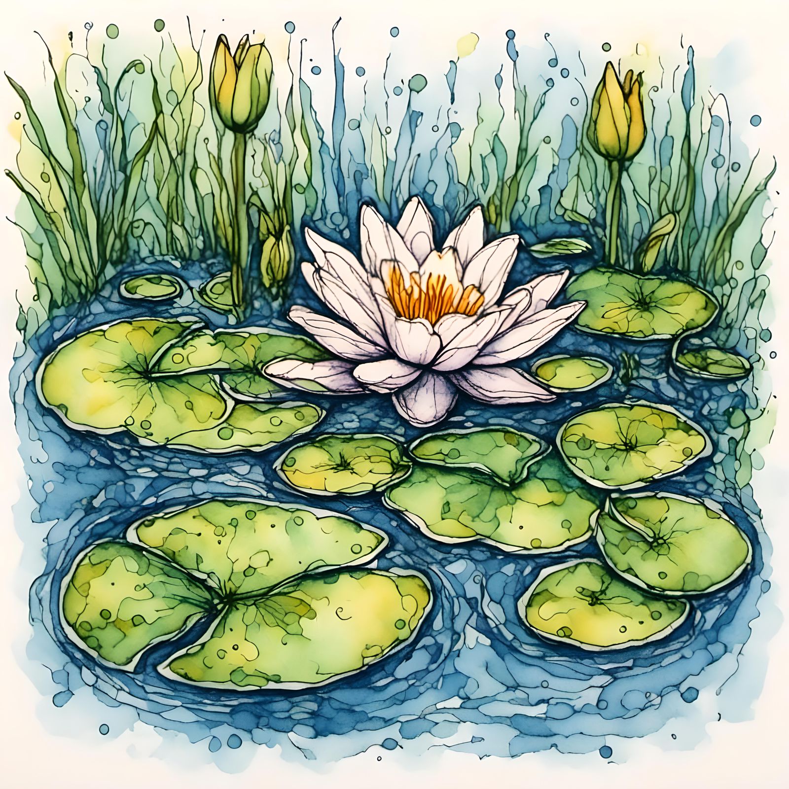  <lora:Peaceful Chaos:1.0> frog, pond, lily pad