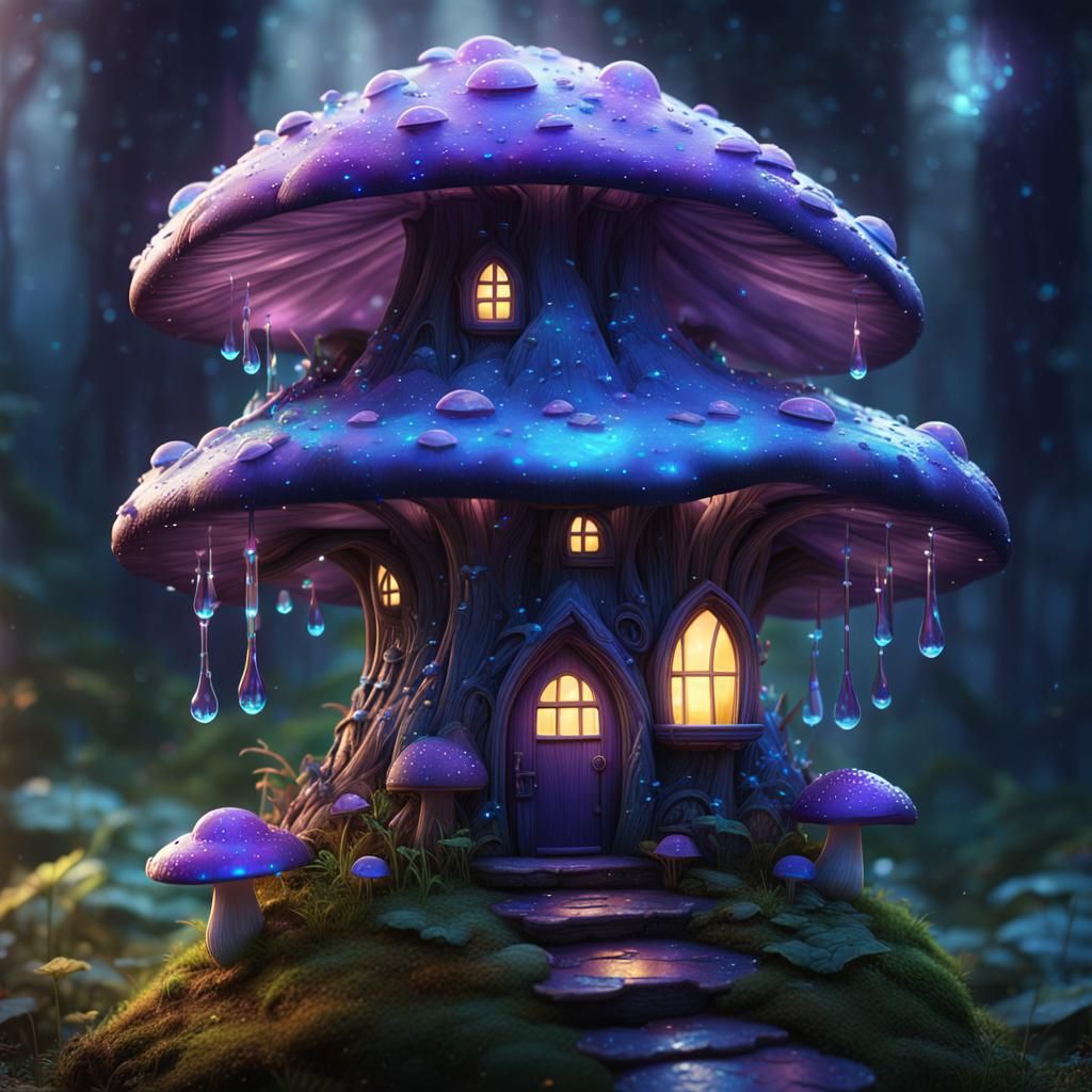 Glowing Mushroom Fairy House With Dew Drops  by @SackofRice5