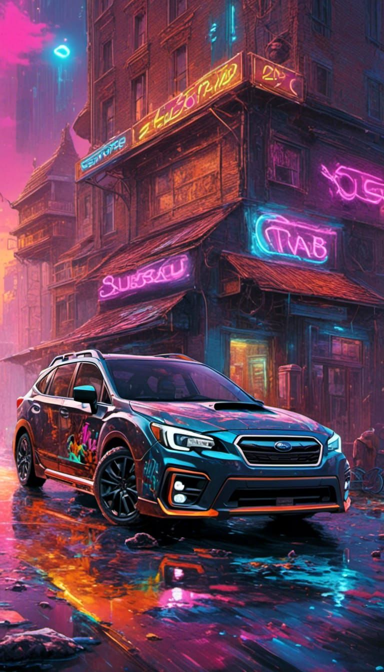 <lora:Murraypunk v2:1.0> black 2021 Subaru next to cool buil...
