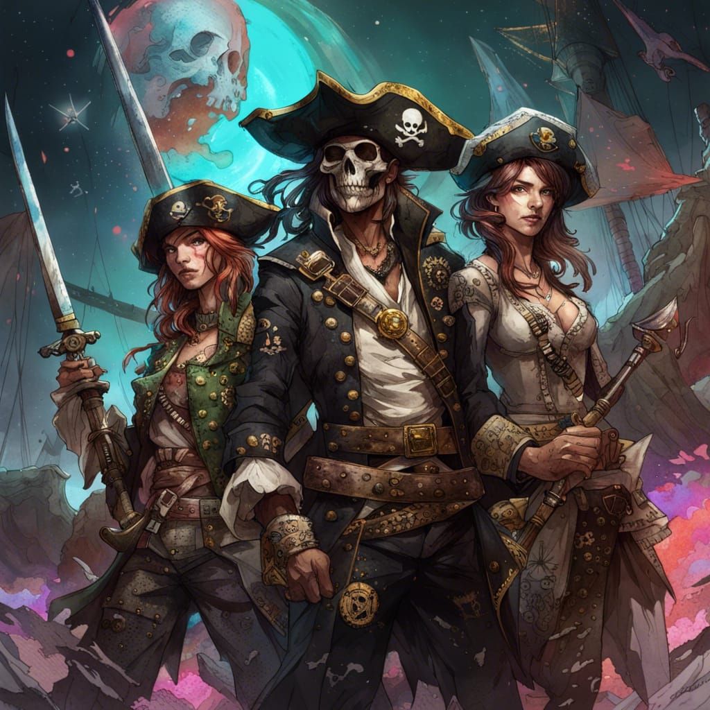 A portrait of space pirates holding a sabre and Jolly Roger black flag in fun space background by Awwchang ...  by @KrystofM75