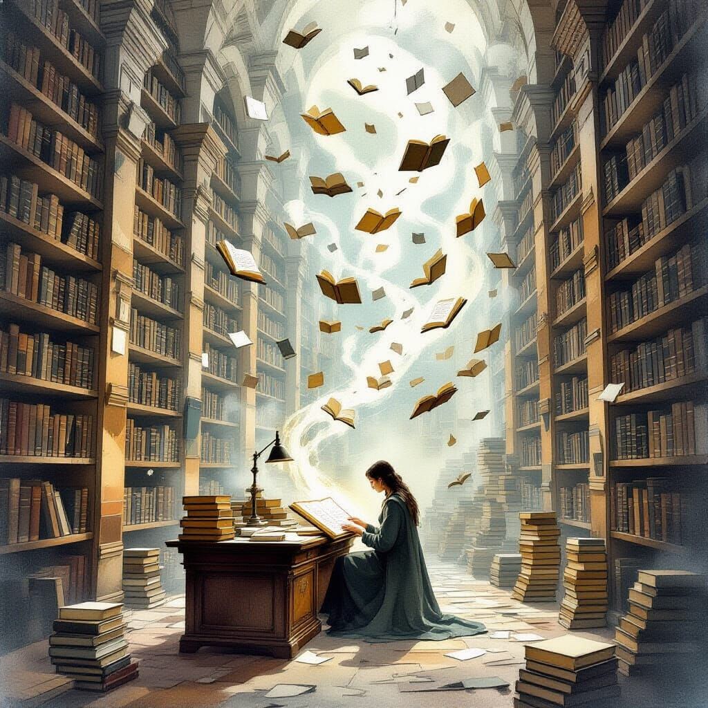 An ancient, overgrown library where the bookshelves are made of stacked, weathered pencils. Books float mid-air, their pages unfurling into ...