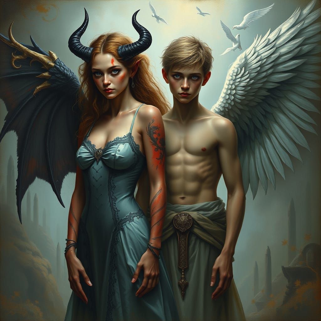 A young women demon and a young man angel  by @Asor Darfire