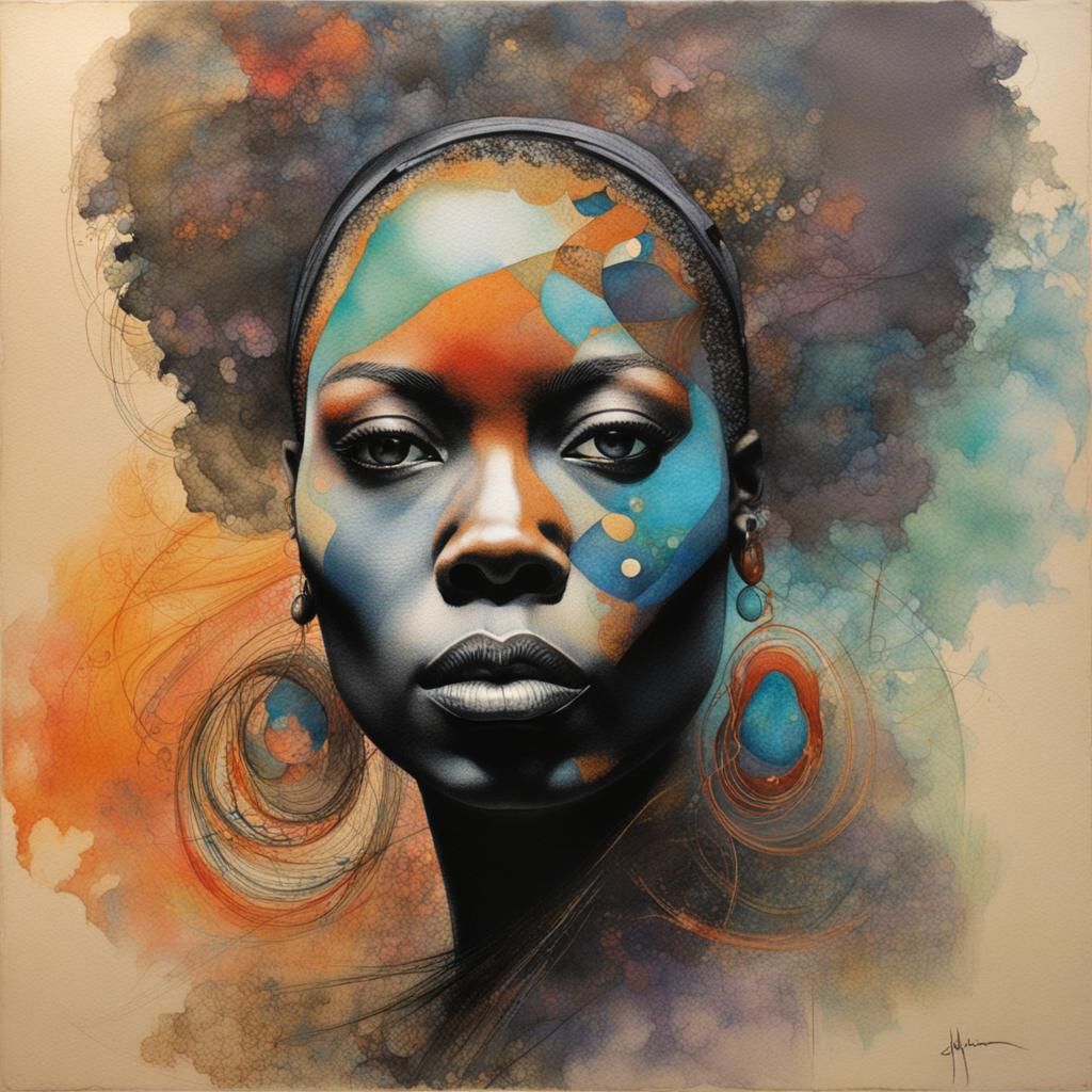 portrait, ABSTRACT jazz groovy pop art, COLORFUL brushed charcoal, Wangechi Mutu, Susan Boulet  by @jeanne