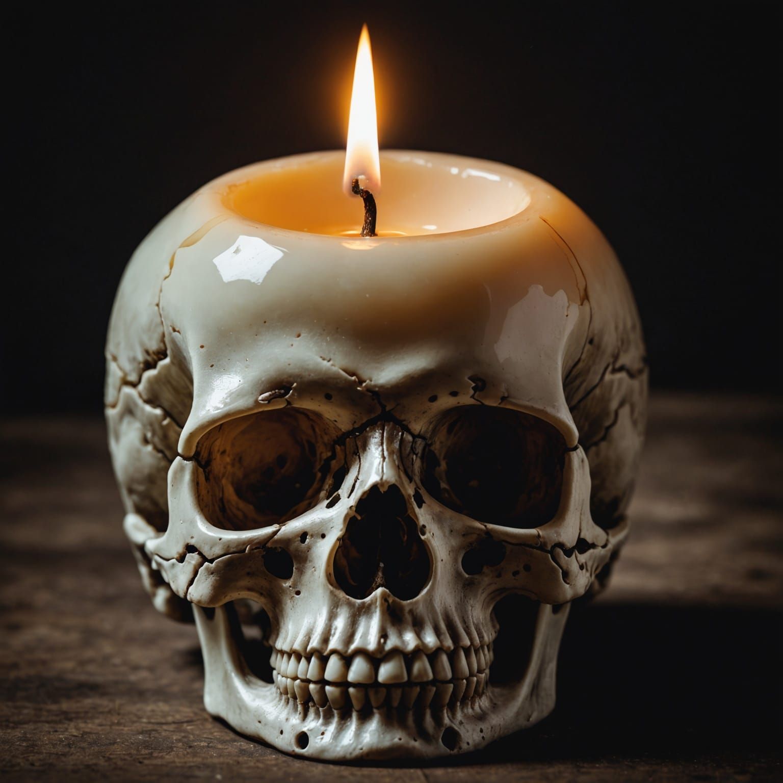Candle burning inside of a skull. 