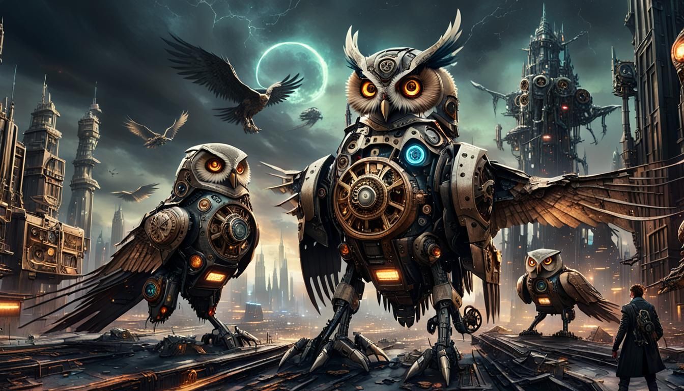 🦉🦅 🤖 ⚙️ ⚔️ "The Three Little Birds," mecha battles, a Brothers Grimm-inspired scene  by @PatrickF
