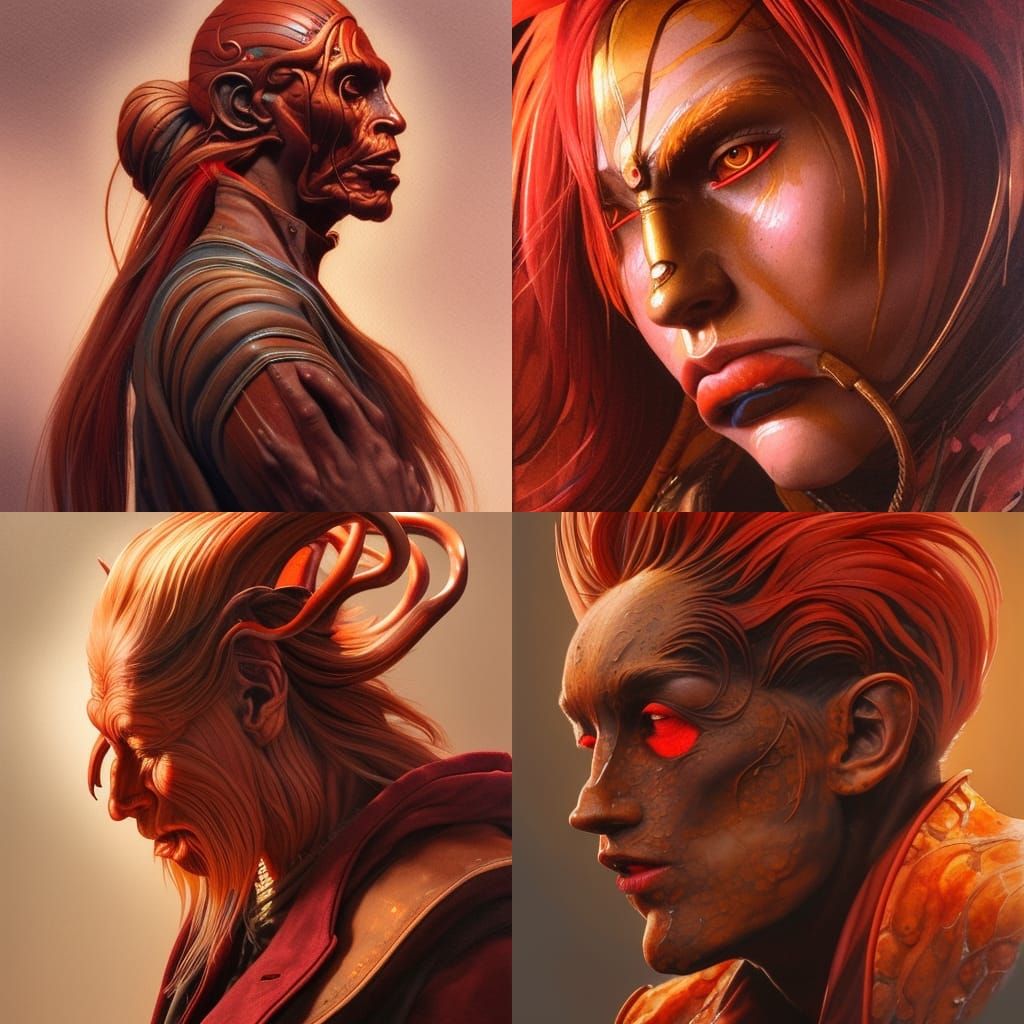 Bronze hair, red jacket, third eye, tusks portrait hyperdeta...