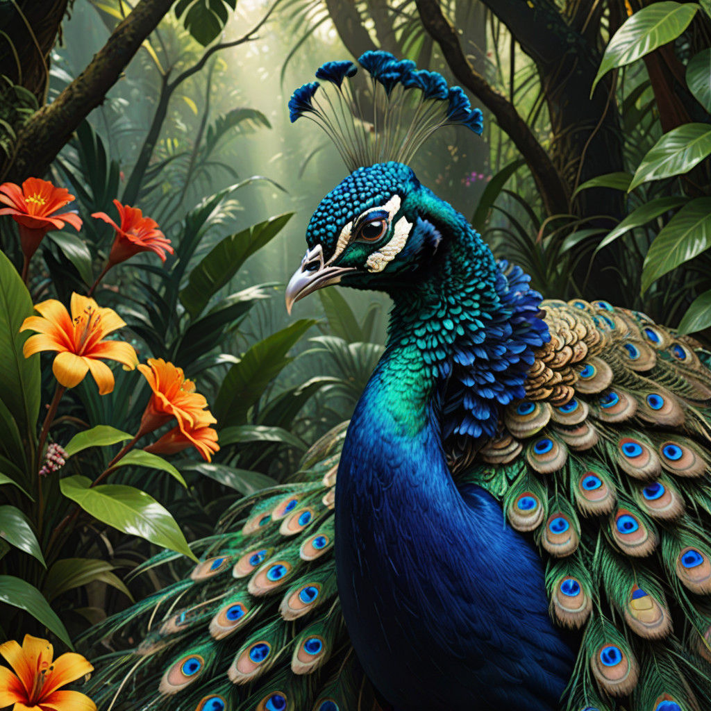 Vibrant Jungle Peacock in Hyperrealistic Splash Art