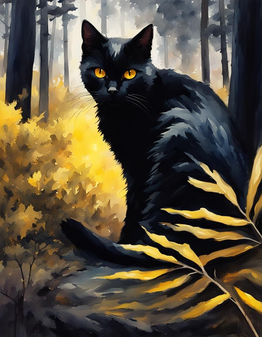 Black Cat in Forest: Watercolor Matte Painting