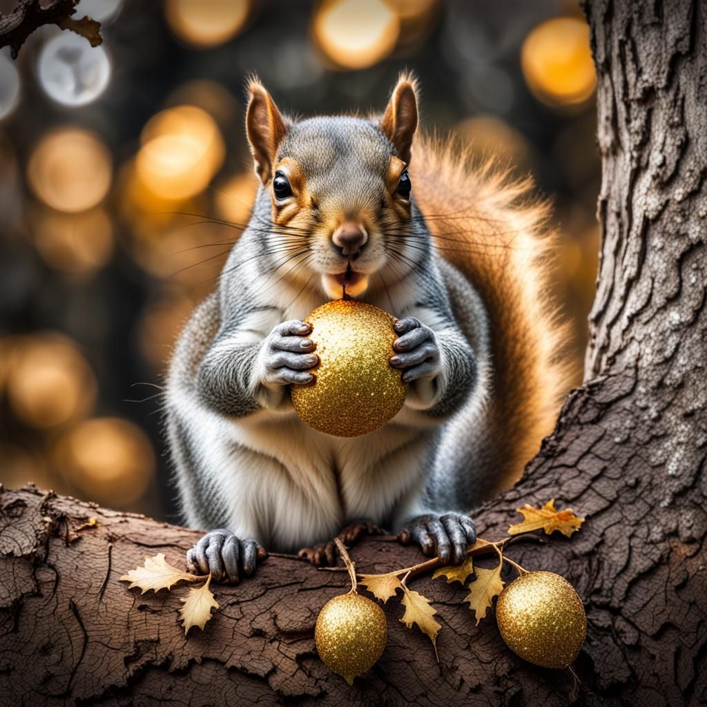 A squirrel holding a big acorn with gold and glitter and sit...