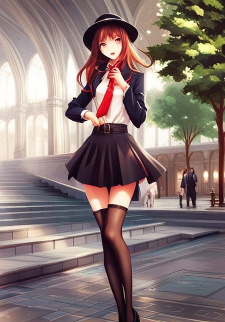 Anime style young woman, long hair, shy, wearing cute blouse and pleated  mini skirt, big brown eyes - AI Generated Artwork - NightCafe Creator