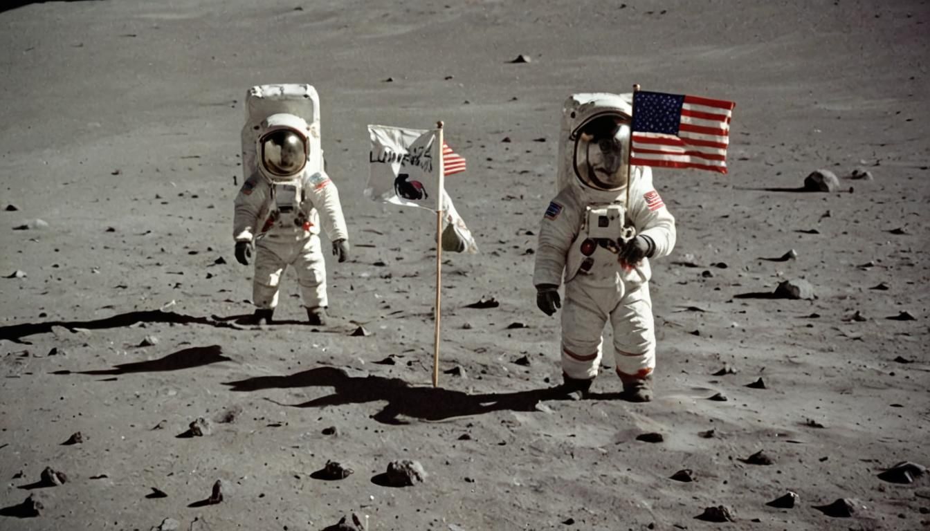 A Llama astronaut in a spacesuit on the moon, with a flag th...